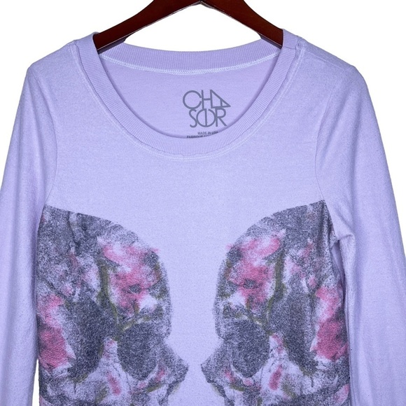 Chaser Twin Skulls Crew Neck Sweatshirt Top Size Medium in Pale Lavender - Picture 7 of 16
